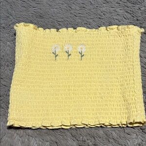 Yellow Smocked Tube Top with Floral Embroidery
